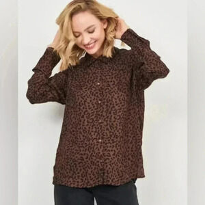 EUC Minimum Bilda Brown Leopard Print Button Down 100%viscose Women Shirt- EU 34